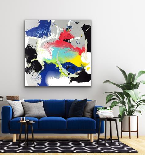 Abstract Painting, "Communion", for sale, 60 x 60 inches by Washington, DC Artist, Anne Marchand. Painted in B;ues, yellows and reds on a white painted background.
